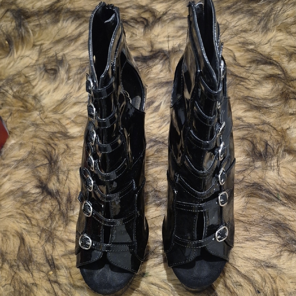 Pleaser Black Patent Heeled Boots with Buckles